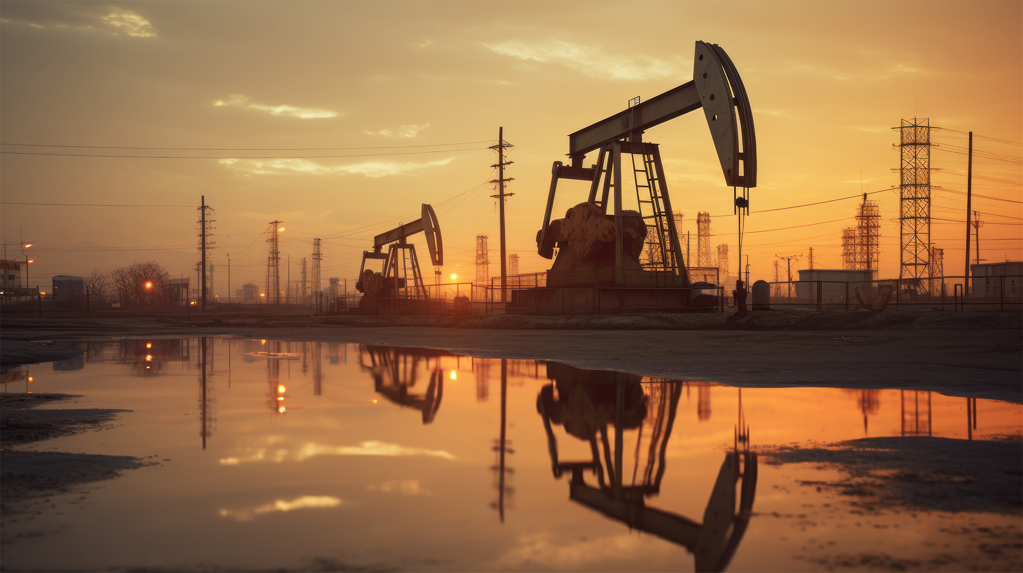 Oil pumps work rhythmically against the backdrop of  dusky sky.